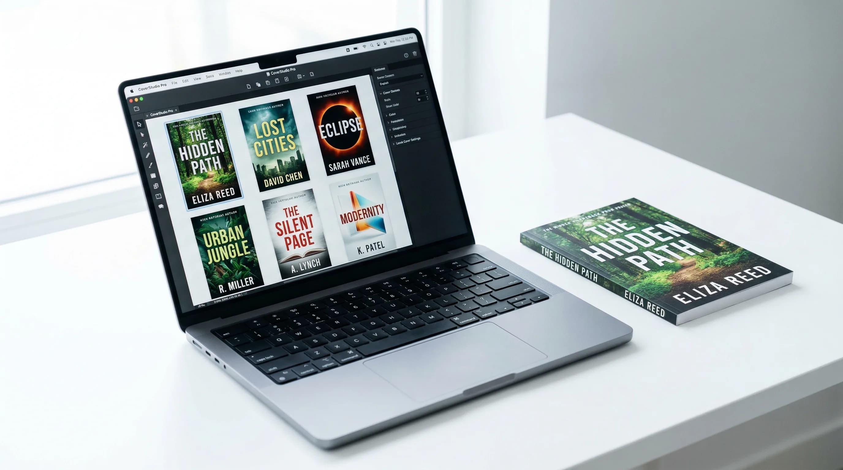 Laptop screen showing book cover design software with multiple cover variations