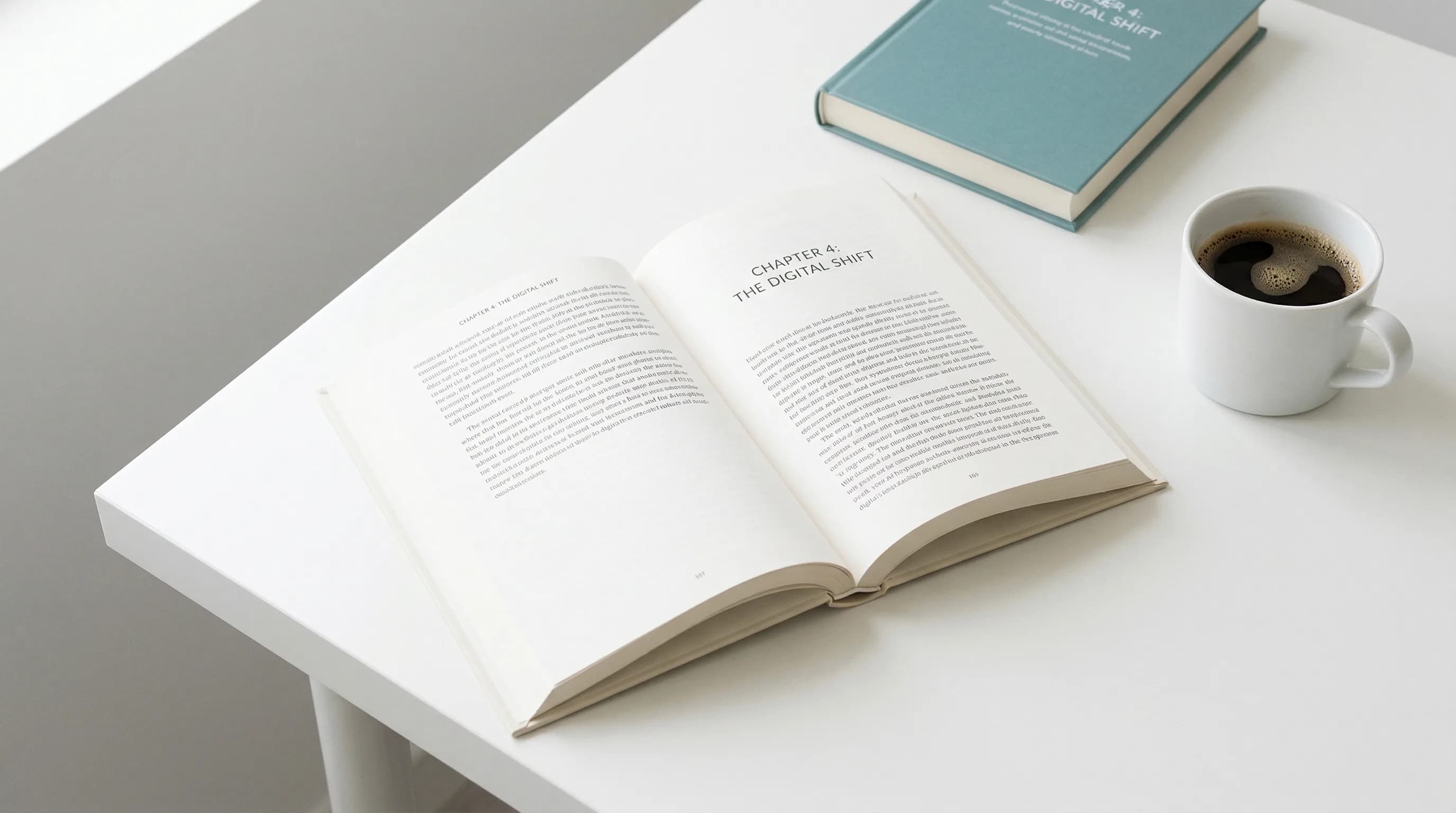 Open paperback book showing professionally typeset interior pages on a clean desk