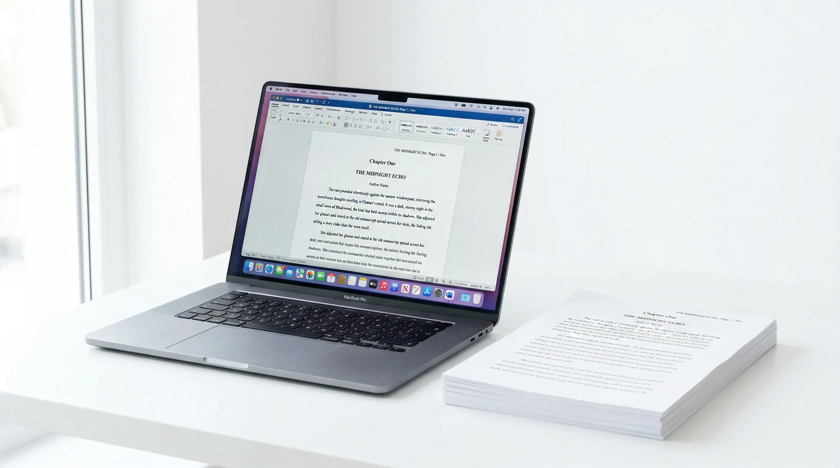 Laptop showing a properly formatted manuscript document with clear margins and spacing