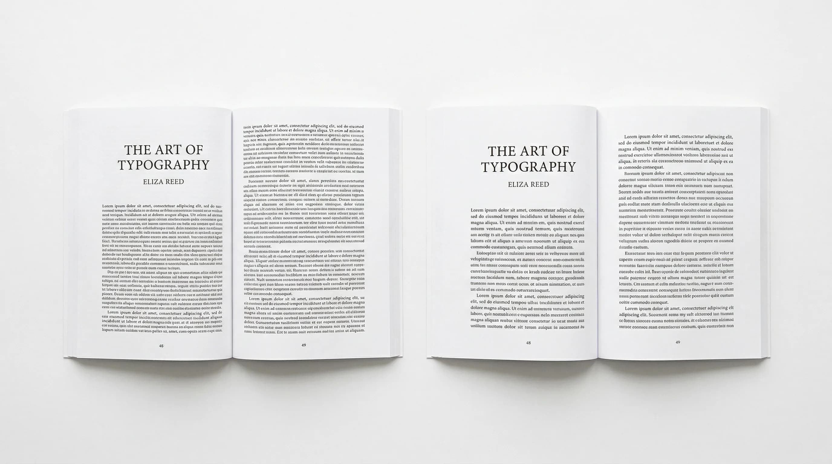 Two books open side by side — one with poor typesetting, one with professional layout