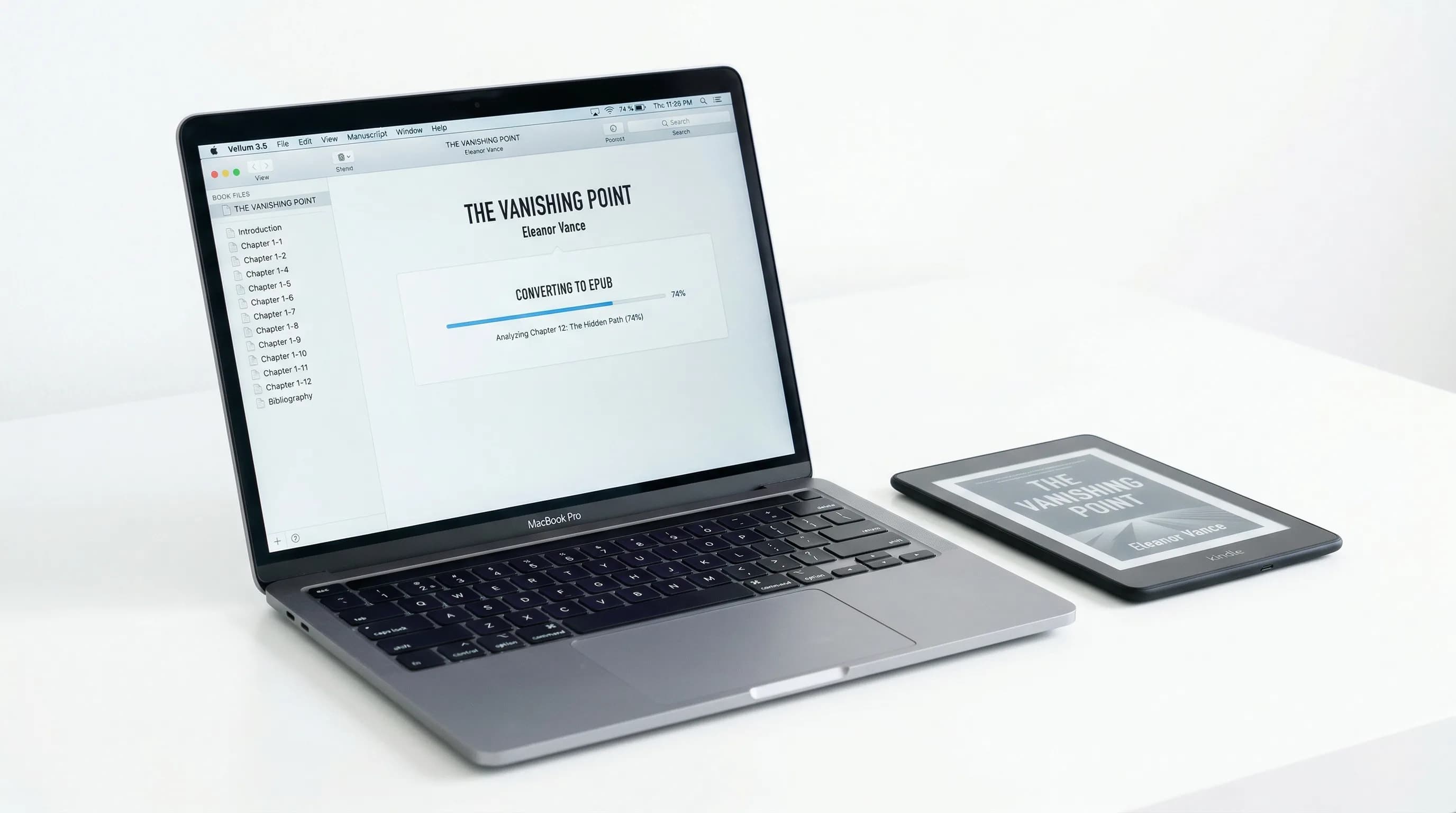 Laptop showing an ebook conversion tool with a finished EPUB file on screen