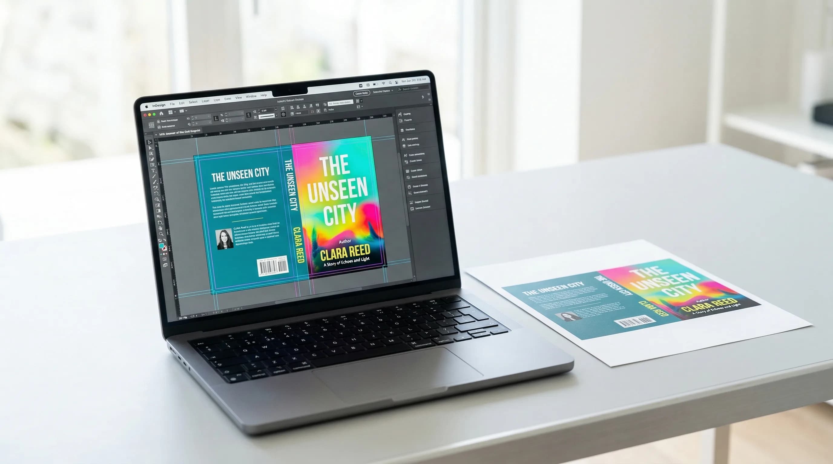 Laptop showing a book cover template with front, spine, and back panels in design software