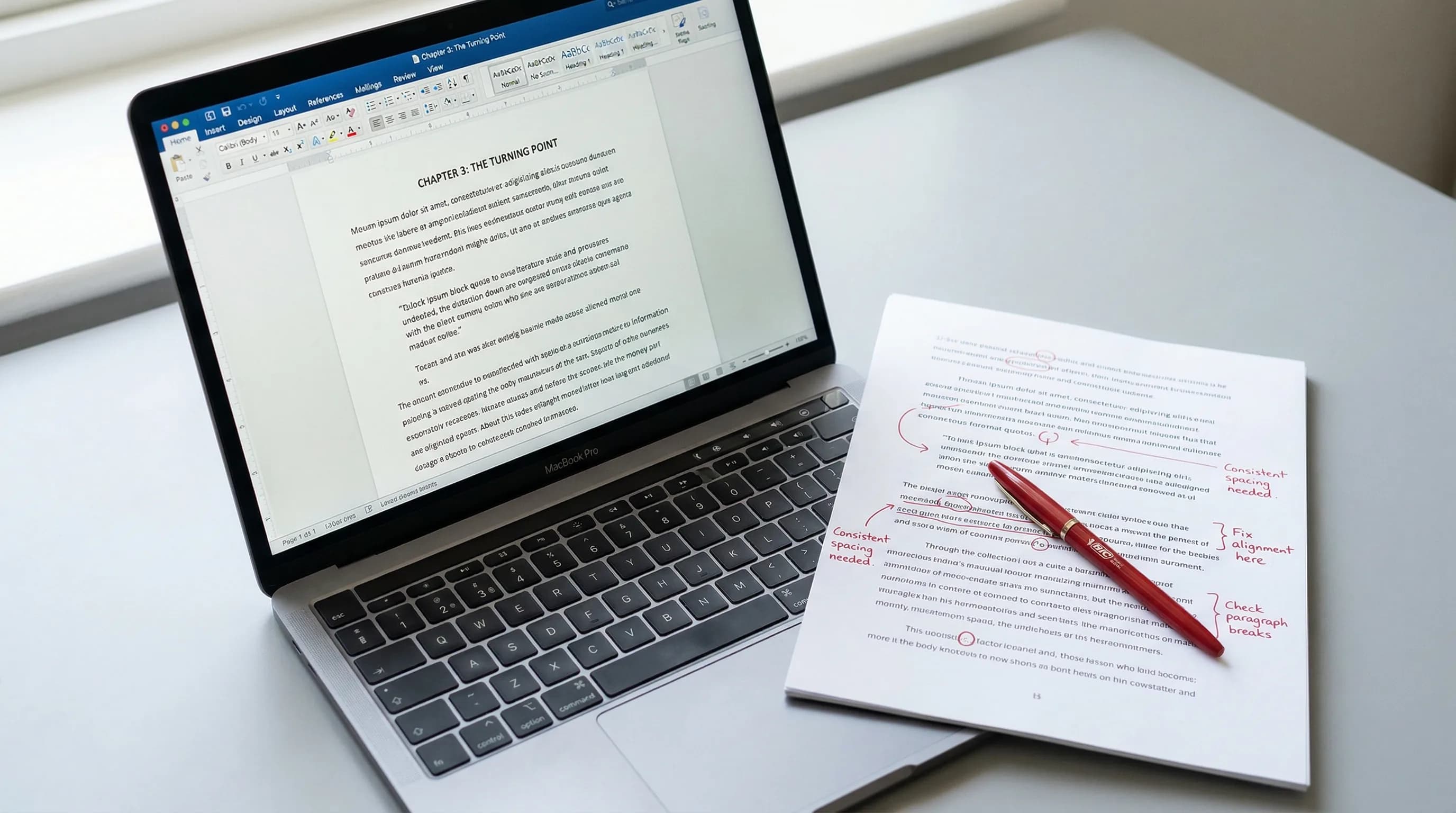 Laptop showing a document with formatting issues highlighted on screen