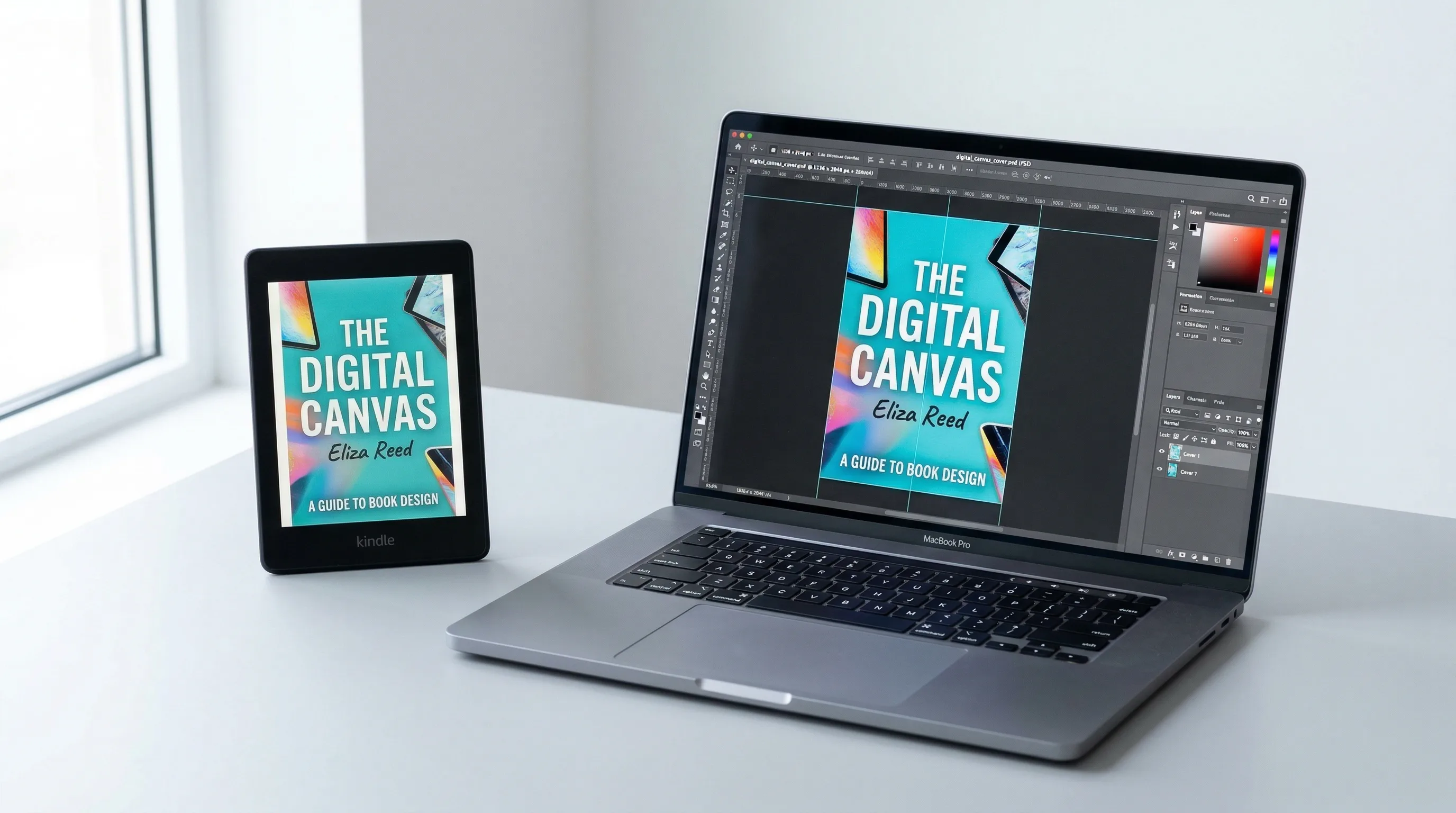 Kindle e-reader displaying a book cover next to a laptop showing cover dimensions in design software