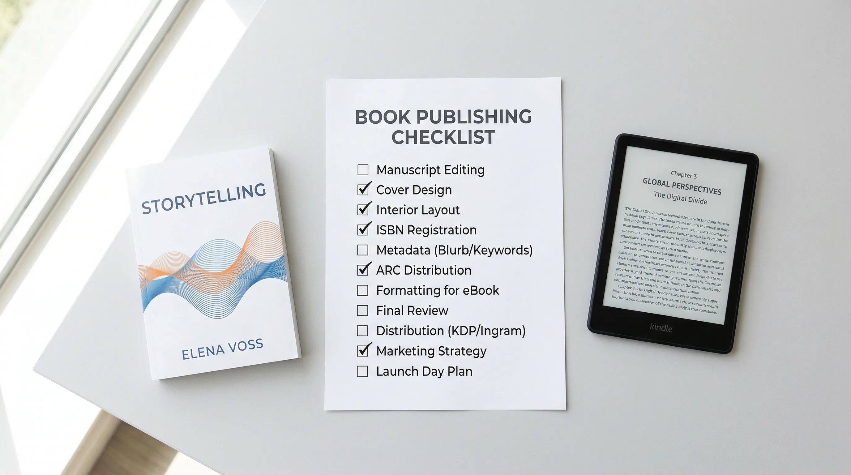 Printed publishing checklist on paper alongside a Kindle and a printed book